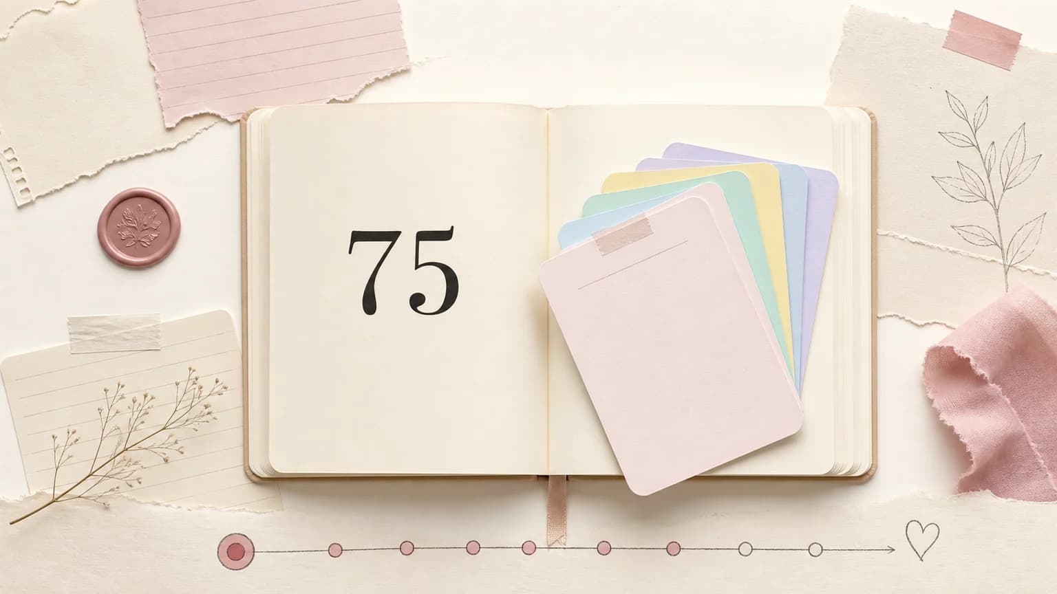 An ivory scrapbook journal displays the number 75 beside pastel prompt cards, torn paper, and a rose wax seal
