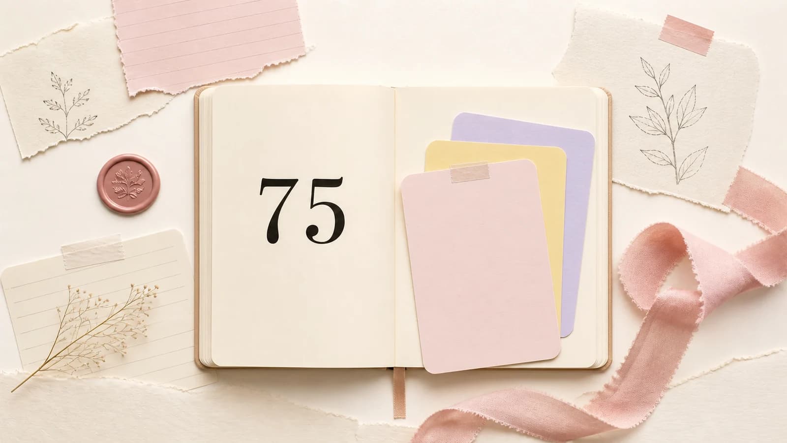 Cream journal with the number 75, pastel activity cards and a ribbon in warm light.