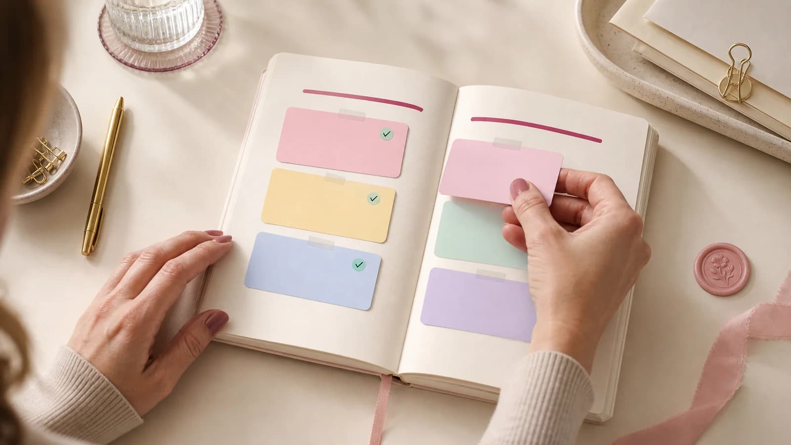 A woman calmly rescheduling one task in a pastel challenge planner after a missed day