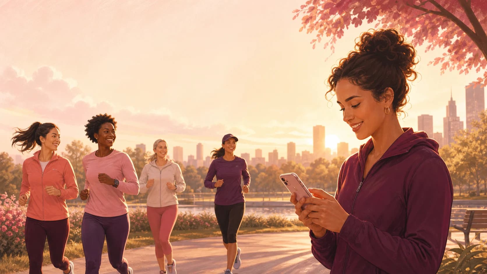 A group of women running together at sunrise while one checks a personal challenge plan