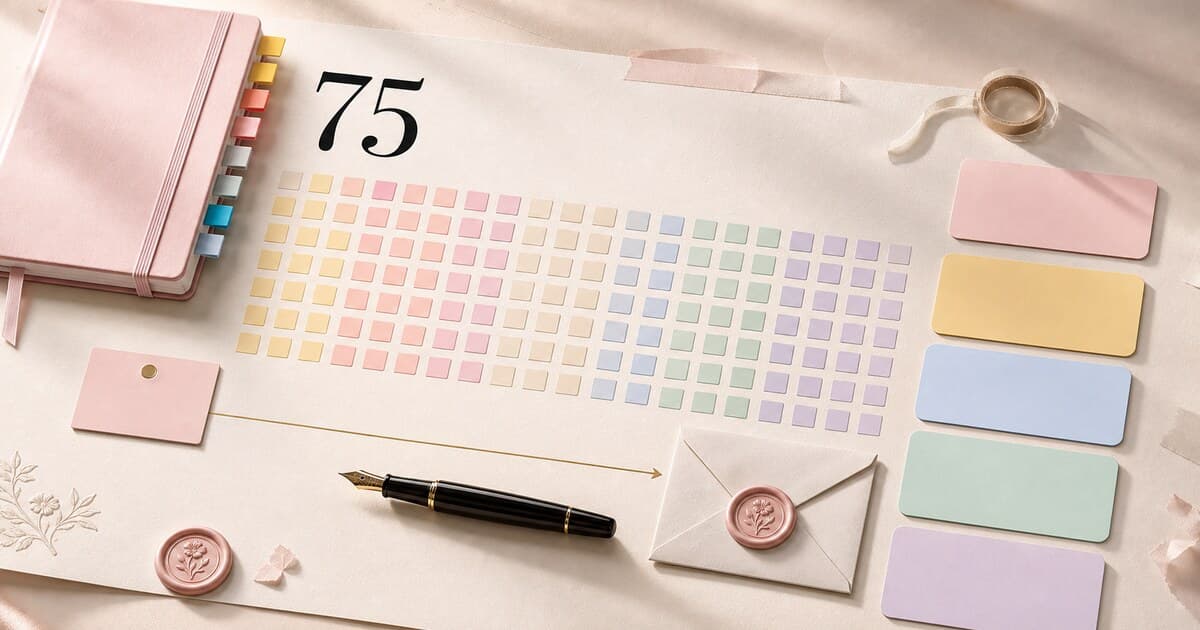 A pastel 75-day plan leads from a start card to a sealed finish envelope