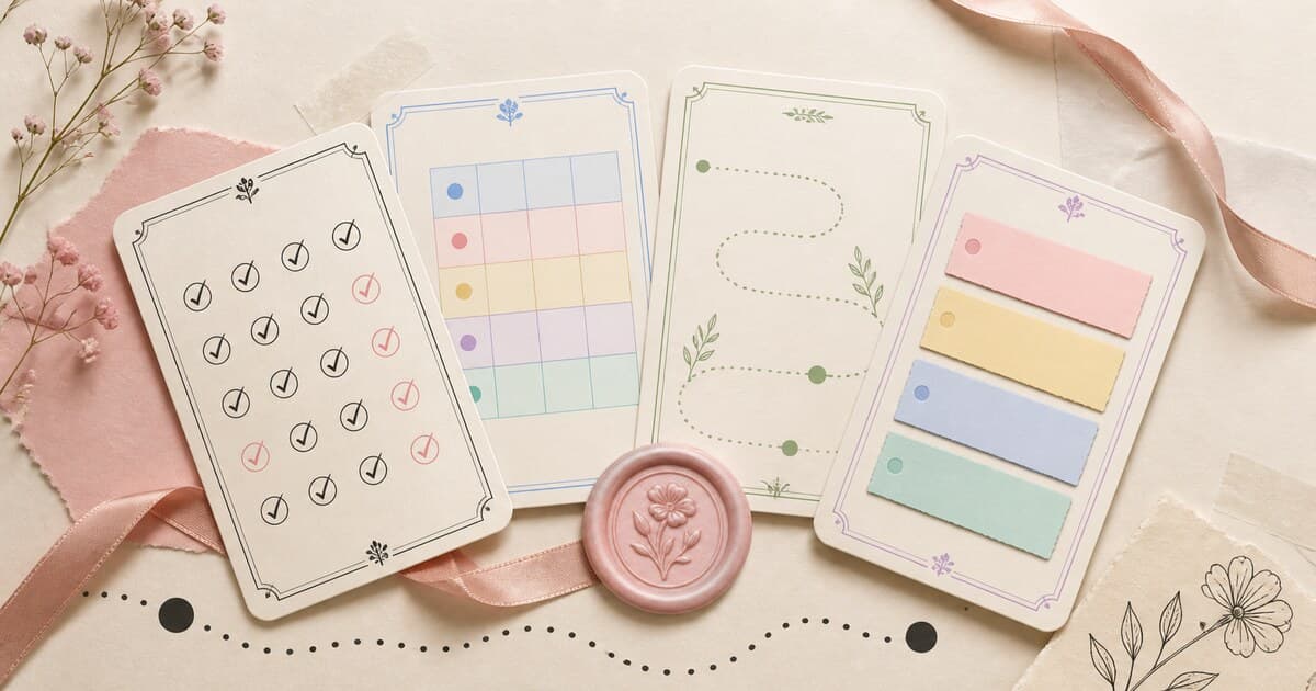 Four tactile challenge path cards arranged around a blush floral wax seal