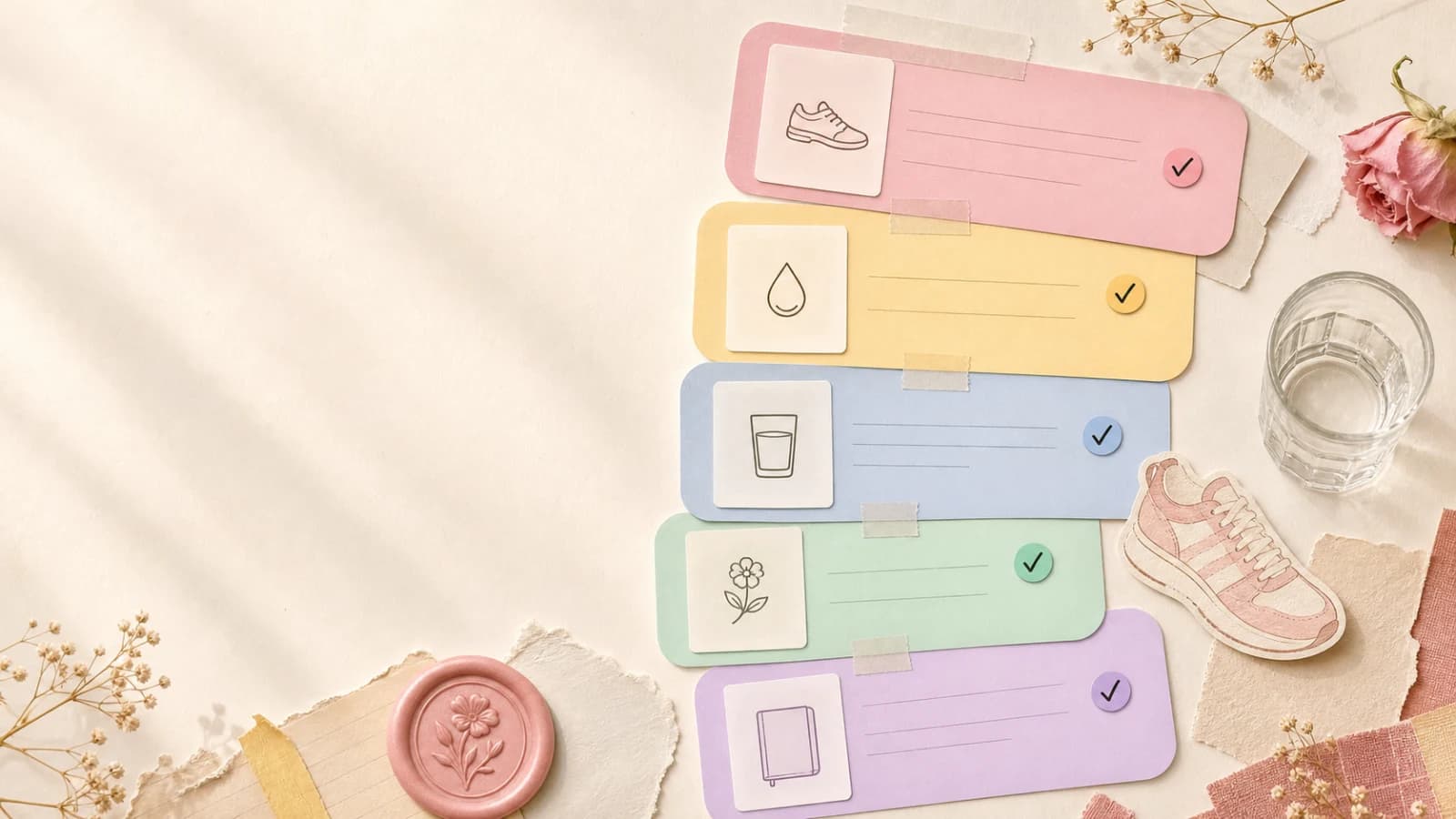 Her Glow Up scrapbook plan with pastel movement, water, recovery, and reflection cards