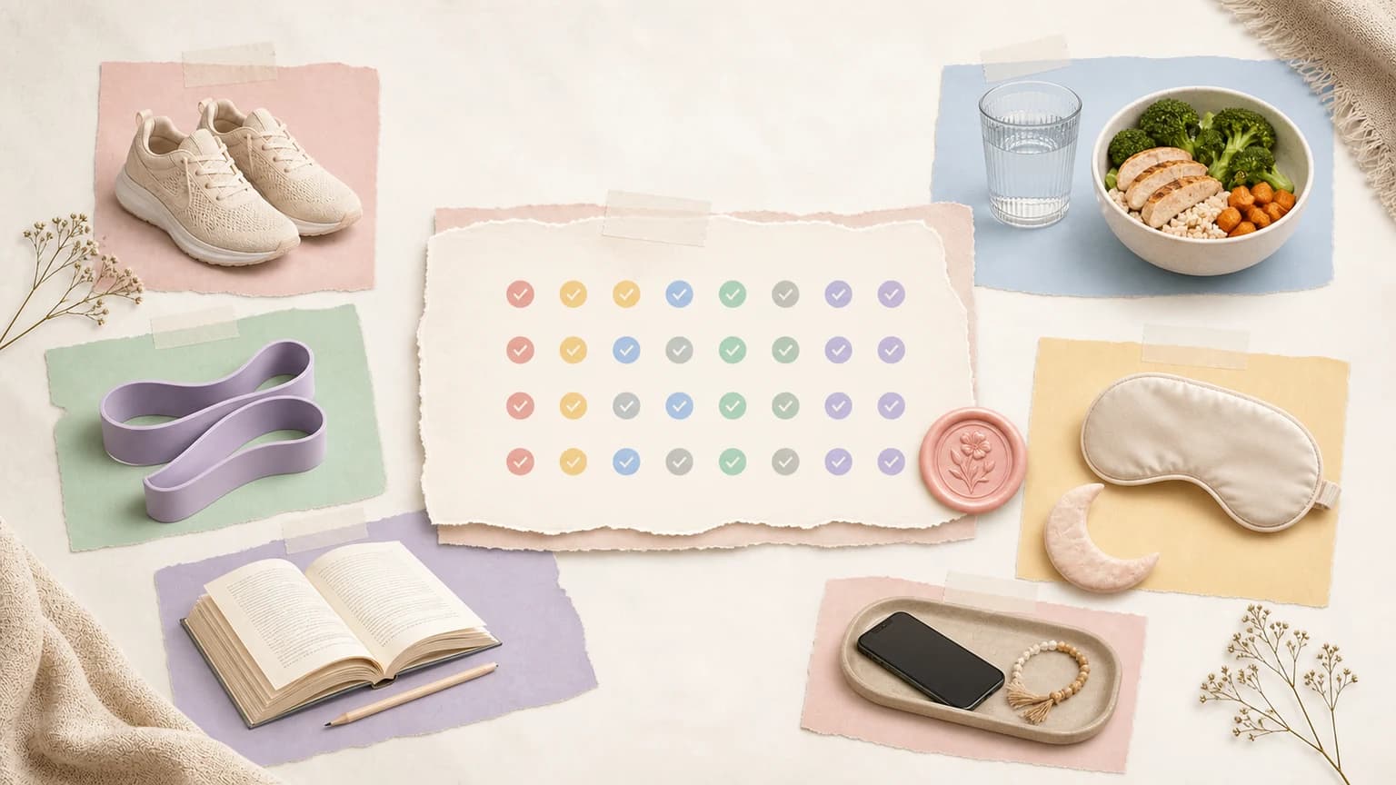 Pastel scrapbook cards arrange a customizable habit grid with walking shoes, a resistance band, a book, water, a meal, a sleep mask, and a phone tray