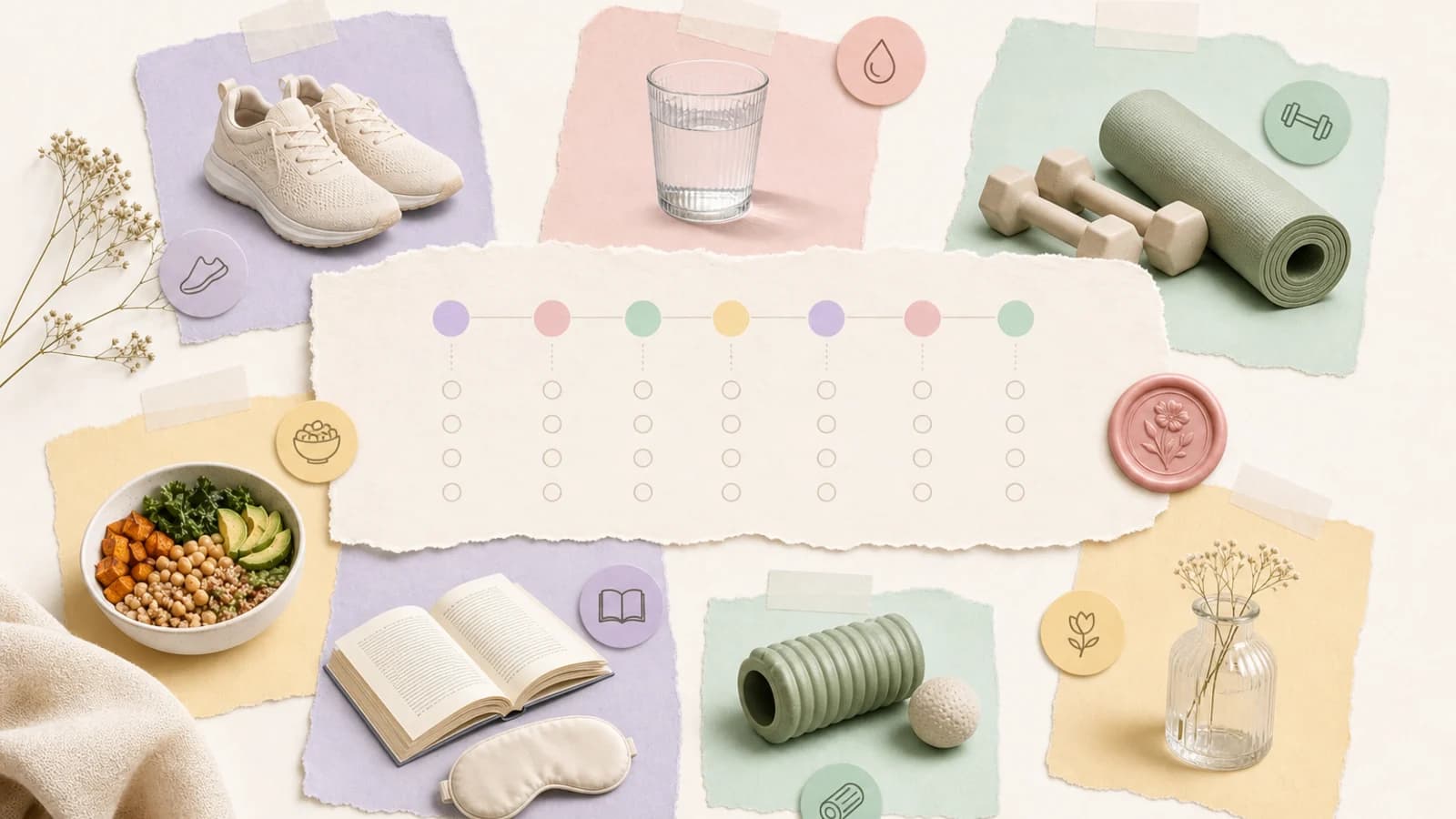 Woman plans a flexible week of walking, strength, mobility, and recovery beside a pastel 75-day checklist