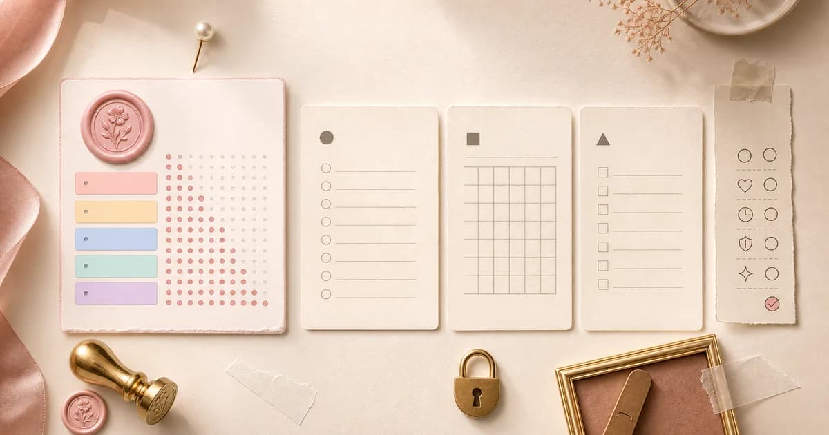 Four tactile challenge trackers with Her Glow Up placed first beside a privacy lock and decision sheet