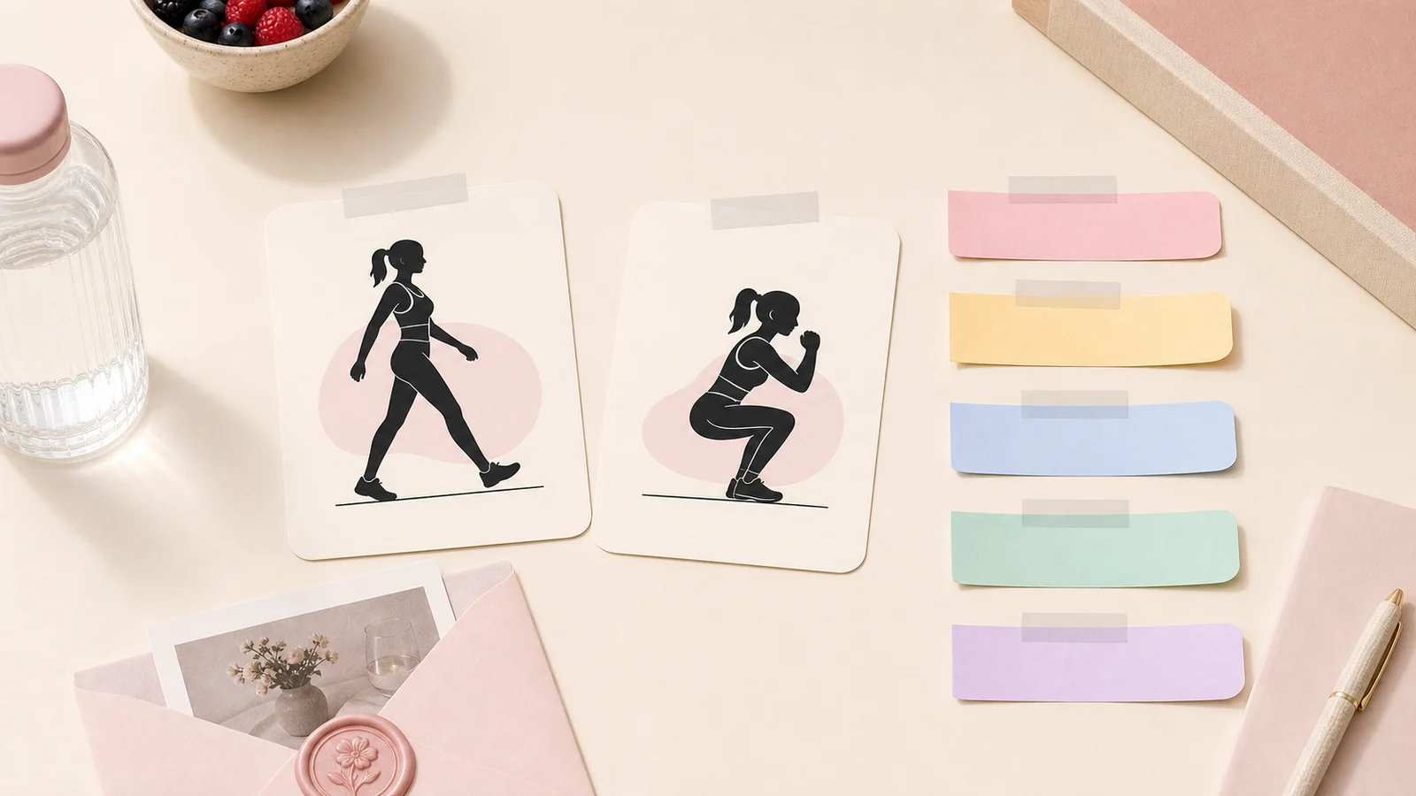 A cream 75-day tracker with five pastel daily task cards and a blush floral wax seal
