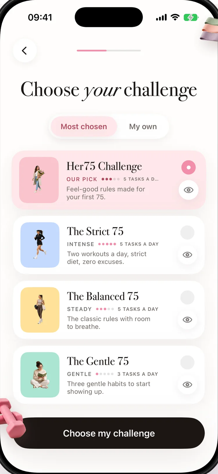 Choose your challenge in 75 Her: Her75 Challenge marked Our pick, above The Strict 75, The Balanced 75 and The Gentle 75