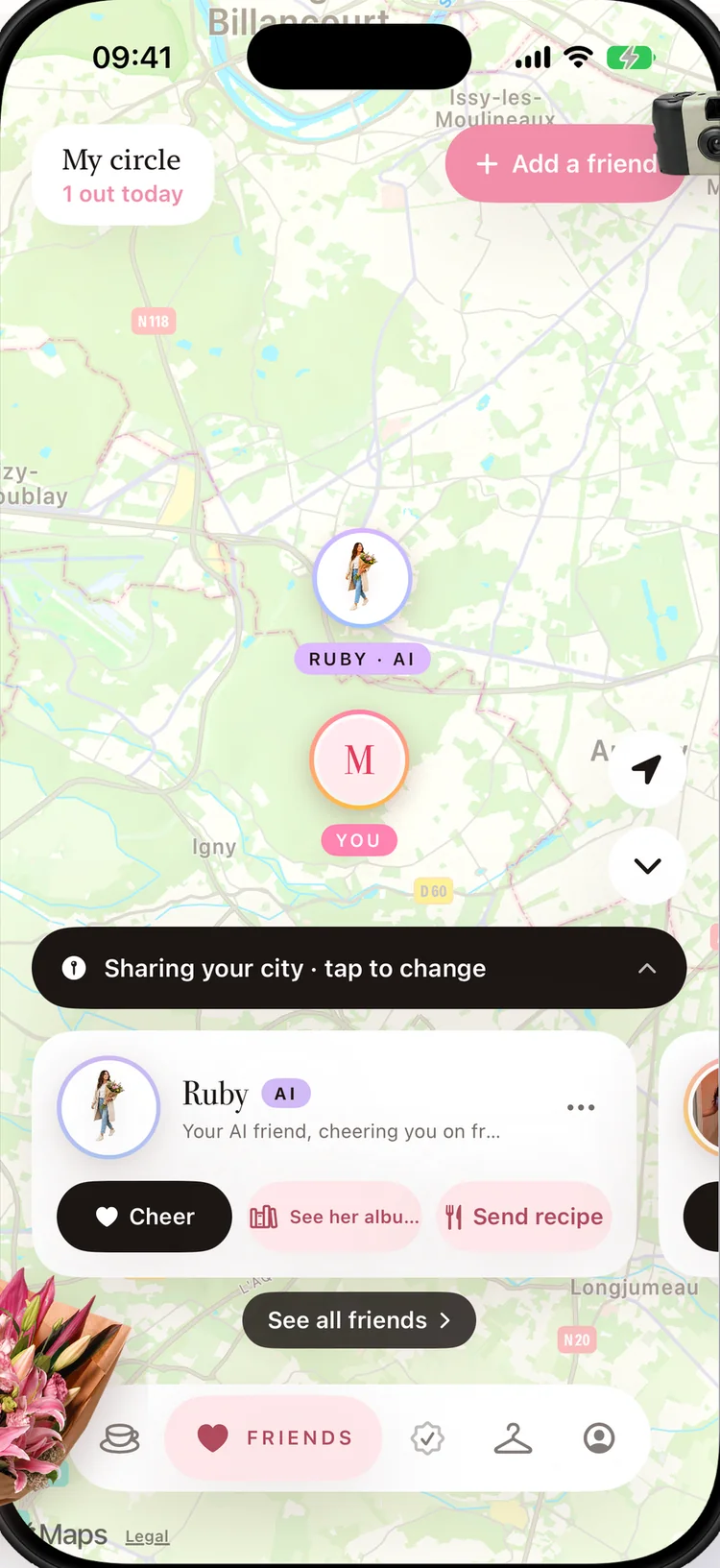 The 75 Her friends map: your circle's pins on a soft map, a friend card with Cheer, See her album and Send recipe, and the sharing-your-city control