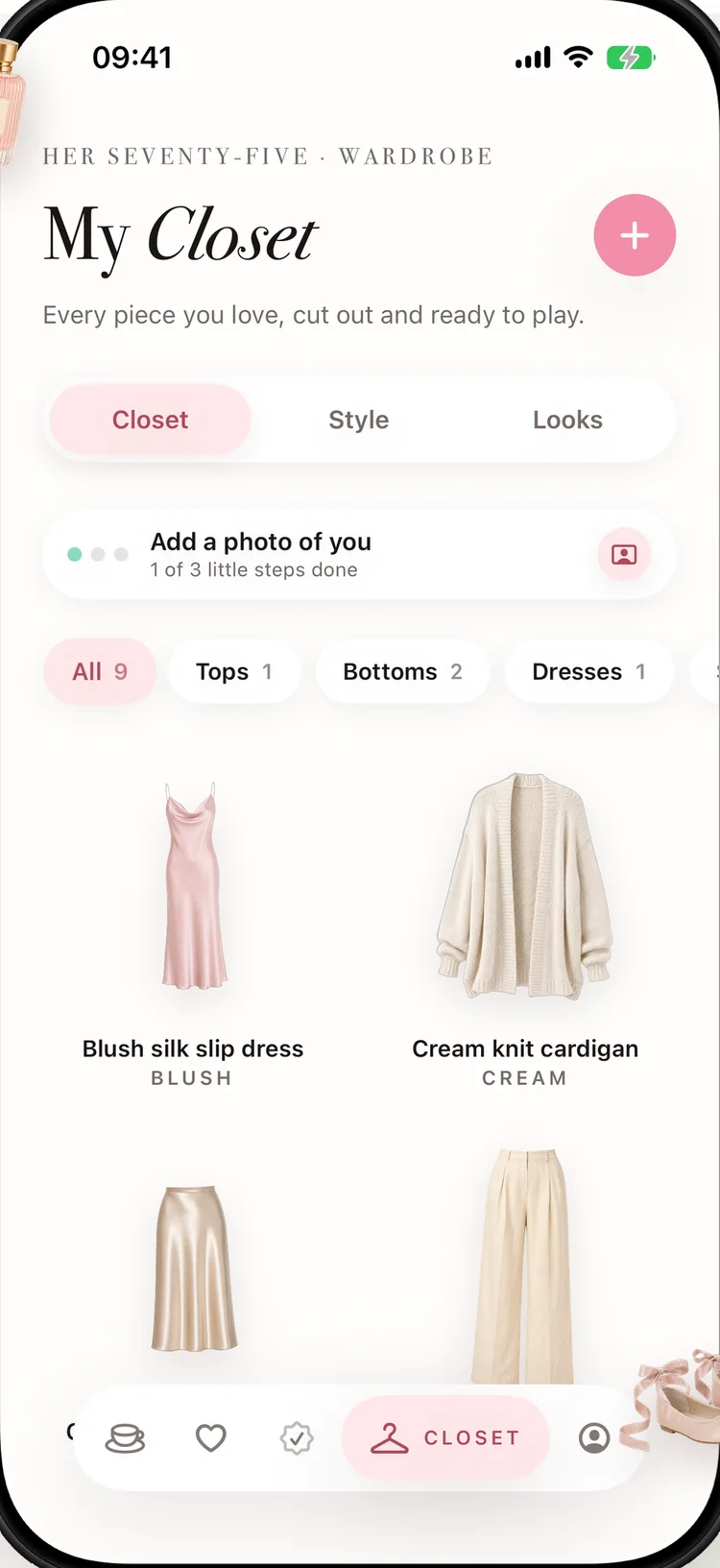 My Closet in 75 Her: a blush silk slip dress and cream knit cardigan cut out on the Closet tab, with Style and Looks tabs and an add-a-photo-of-you step