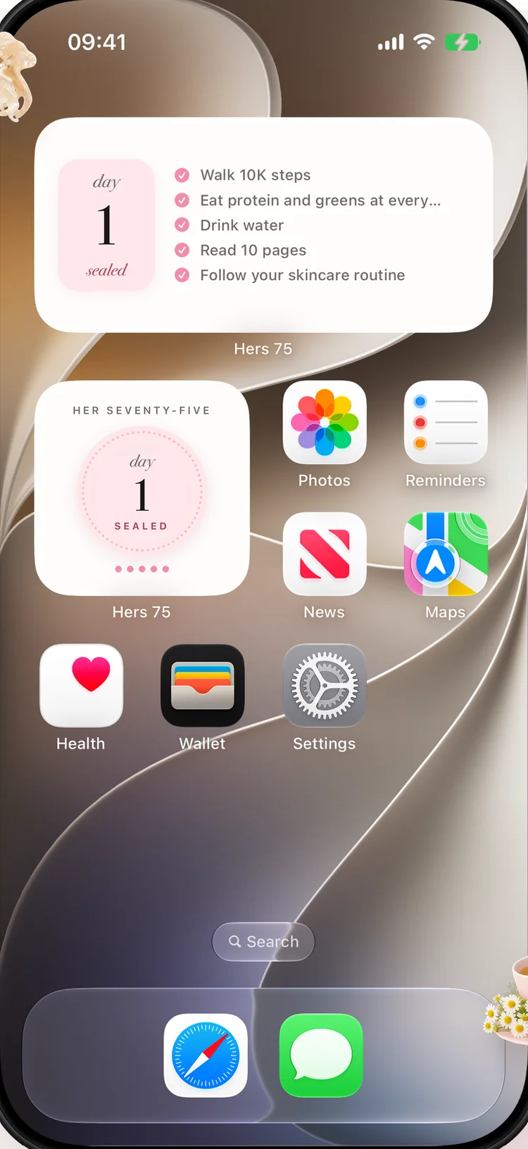 75 Her widgets on an iPhone home screen: today's five tasks checked off in one widget, a Day 1 sealed stamp in the other